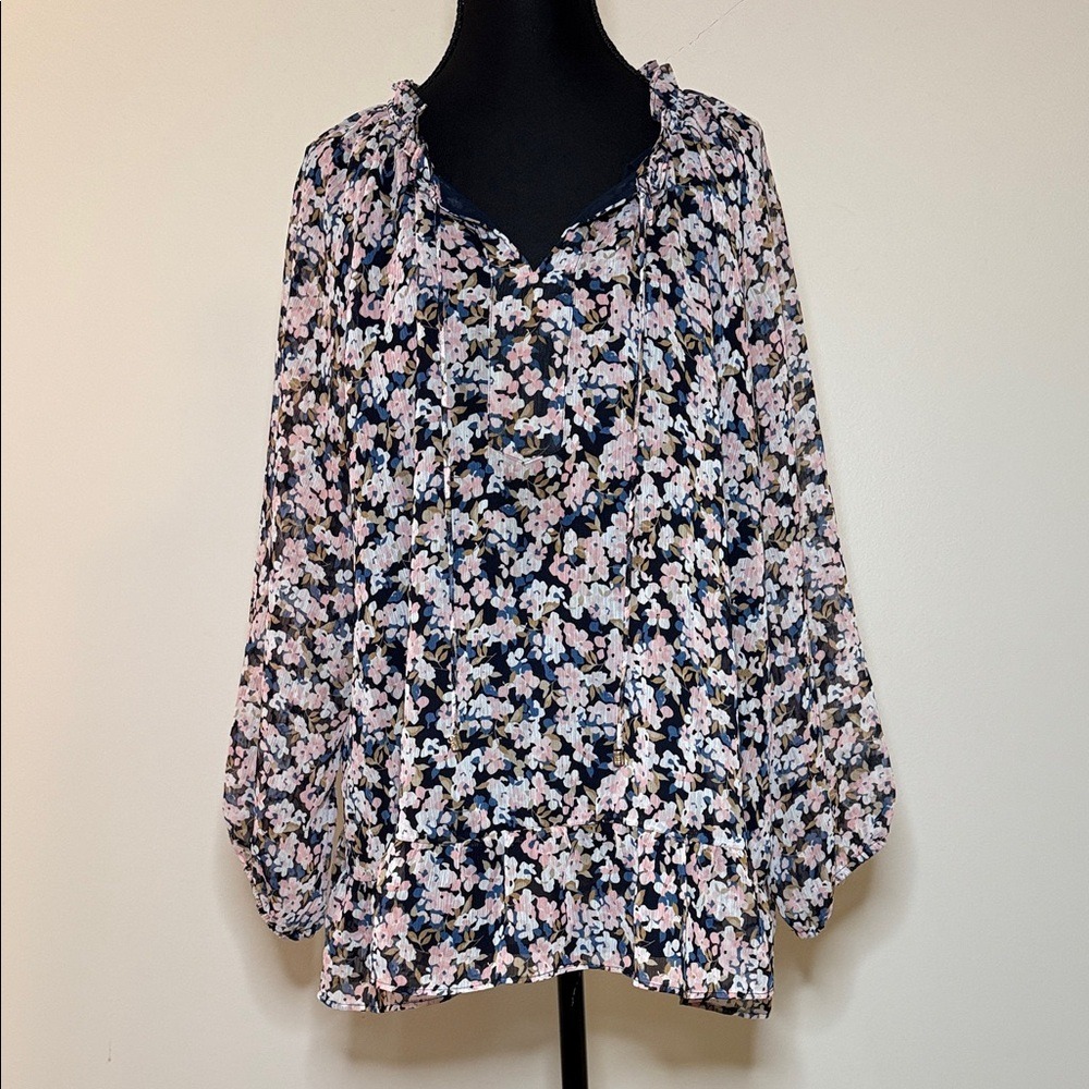 Tommy‎ Hilfiger Floral Peasant Blouse Navy Pink Balloon Sleeve XL Tie Neck Top